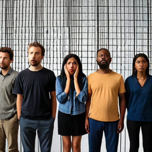 Home 13 A diverse group of people, looking frustrated or excluded, facing a shimmering, invisible digital wall. Behind the wall, abstract, skewed data patterns and algorithmic lines symbolize systemic bias and discrimination. Evokes feelings of injustice in modern society.