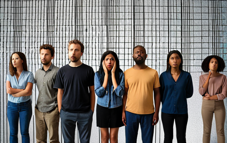 A diverse group of people, looking frustrated or excluded, facing a shimmering, invisible digital wall. Behind the wall, abstract, skewed data patterns and algorithmic lines symbolize systemic bias and discrimination. Evokes feelings of injustice in modern society.