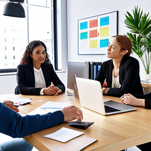 Home 8 **Prompt:** Diverse group collaborating on ethical AI solutions, brainstorming session, bright and modern office space, focus on inclusion and responsible technology.