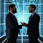 A diverse group of professional individuals, fully clothed in modest business attire, standing thoughtfully within a modern, illuminated data visualization environment. Subtle, abstract glowing lines and data flows are visible, with some patterns appearing subtly misaligned, symbolizing algorithmic bias and exclusion. The individuals are observing a transparent interface displaying complex, but visually clean, data, conveying a sense of ethical consideration. The scene is brightly lit, emphasizing clarity and critical thought. Safe for work, appropriate content, fully clothed, professional, perfect anatomy, correct proportions, natural pose, well-formed hands, proper finger count, natural body proportions, high quality, professional photography.